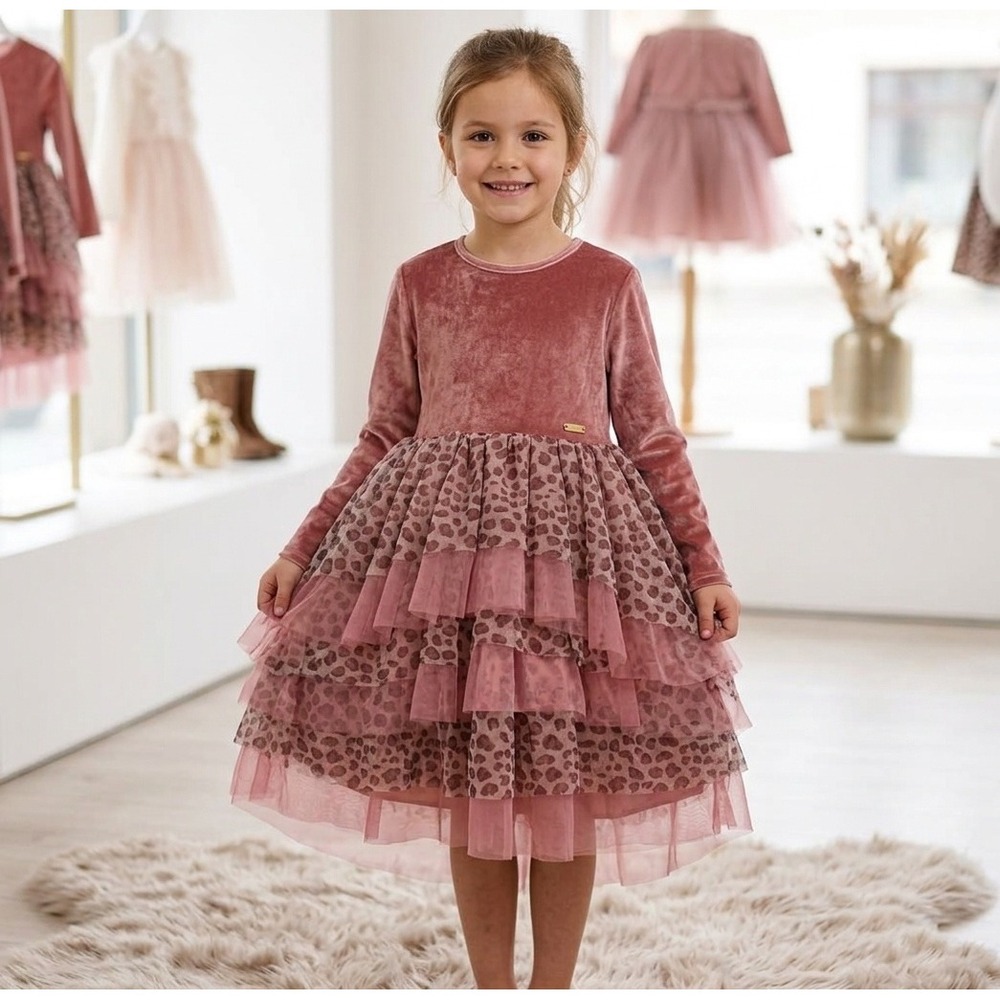Pan Con Chocolate Tiered Tulle Dress Kids Size 5 Dusty Rose Excellent Leopard